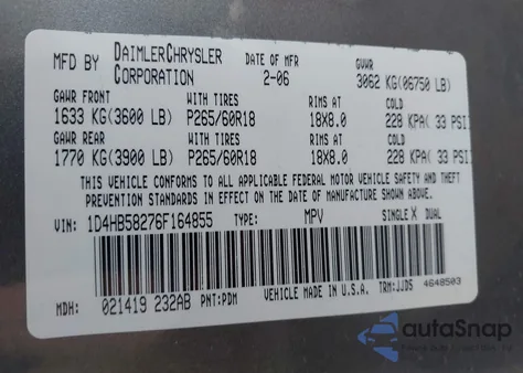 2006 Dodge Durango Limited z USA, uszkodzony, nr VIN 1D4HB58276F164855